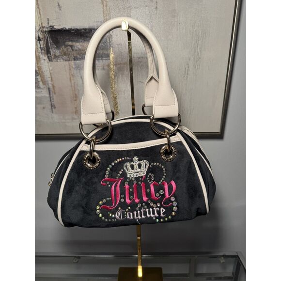 Juicy Couture Handbags - Juicy Couture Navy Velour Satchel – Rhinestone Logo & Matching Pouch